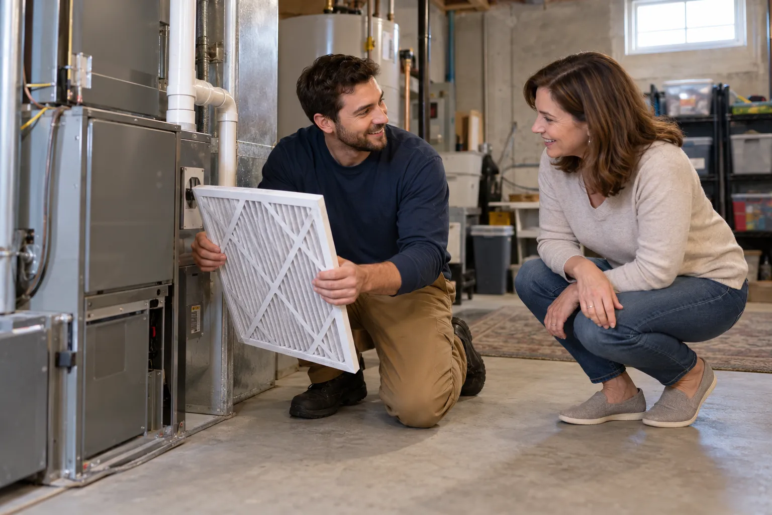 A provider explaining a furnace issue to a homeowner in the Hamilton area