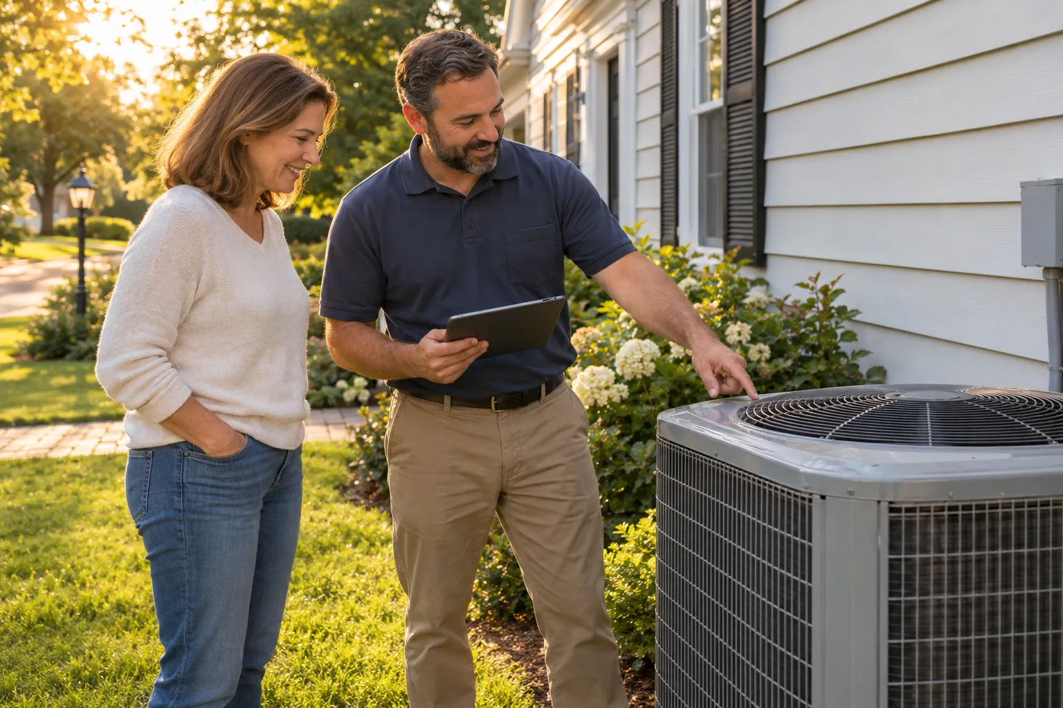 A homeowner and a friendly HVAC provider checking an air conditioner outside a house in Hamilton